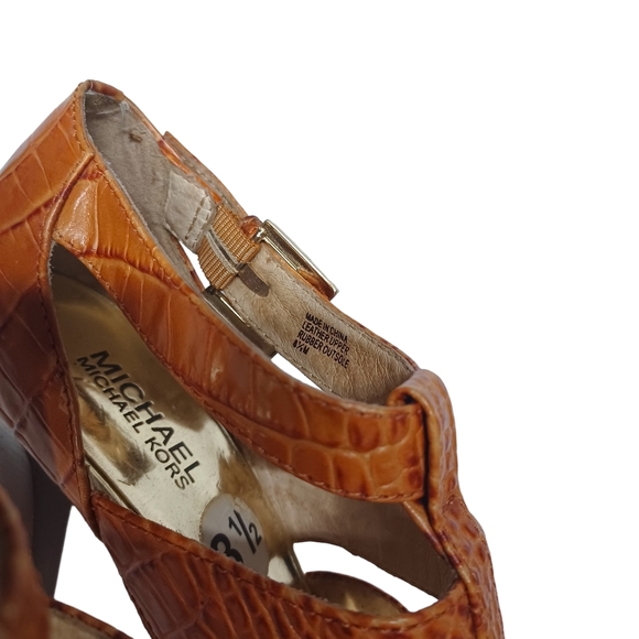 MICHAEL MICHAEL KORS Leather Crocodile Print Cognac Brown Cage Heels 8.5